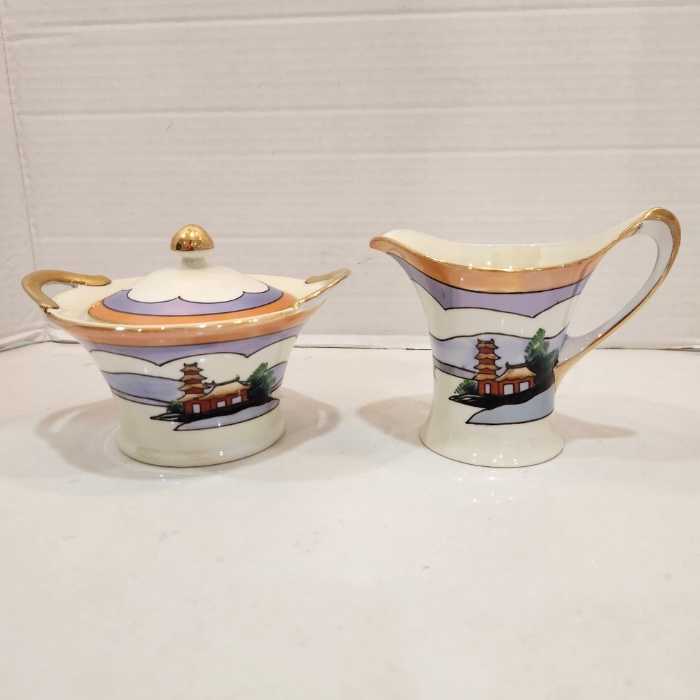Vintage Meito Hand Painted Japan Blue White Gold Lusterware Sugar Creamer China